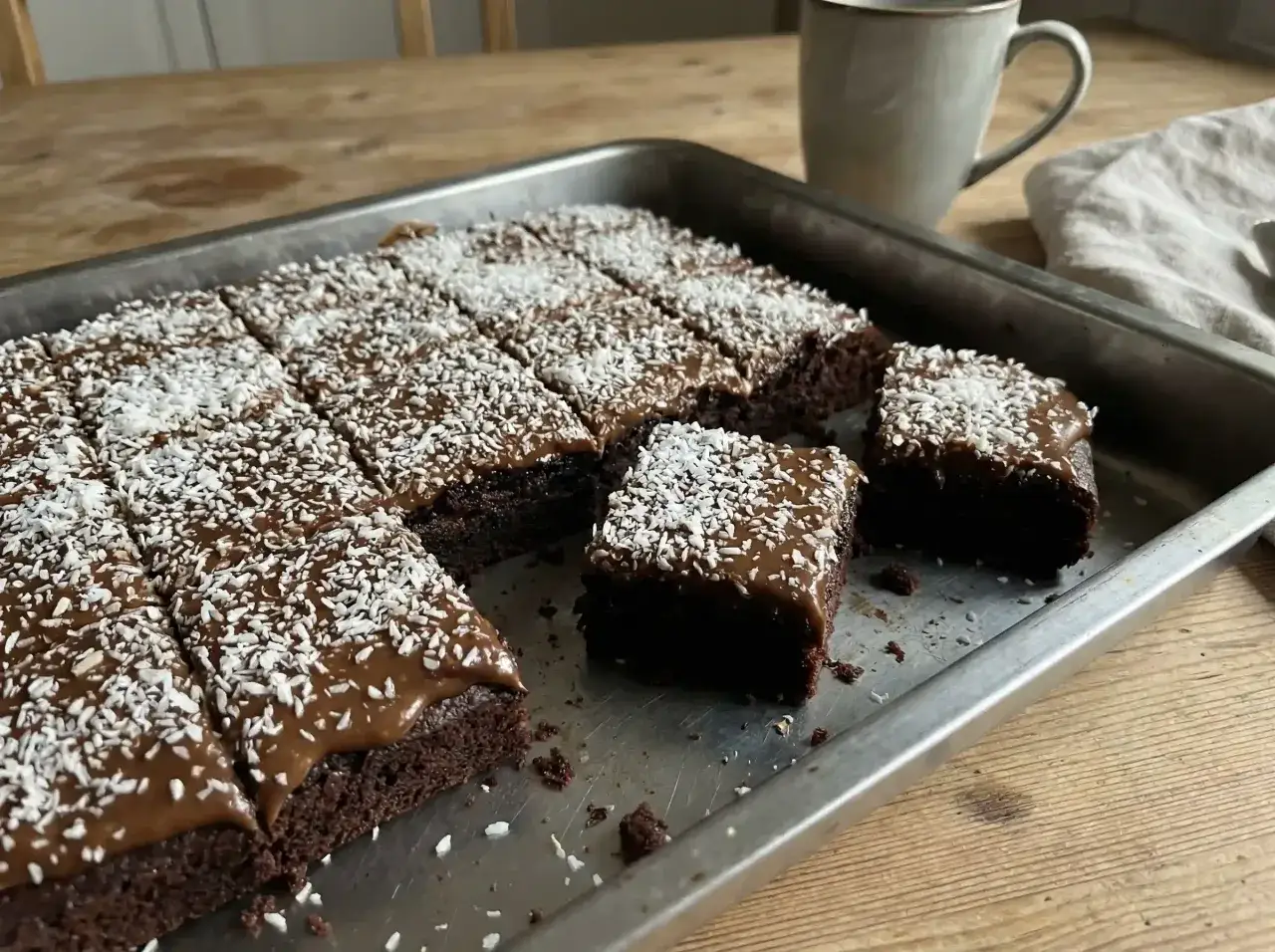 En kladdkaka i långpanna, skuren i bitar och toppad med kokosflingor. Perfekt för fikat!