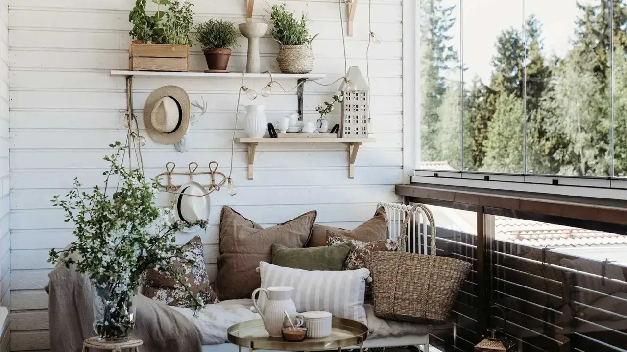 Mysig balkongdesign med kuddar, växter och en korgväska. En perfekt plats att koppla av på.