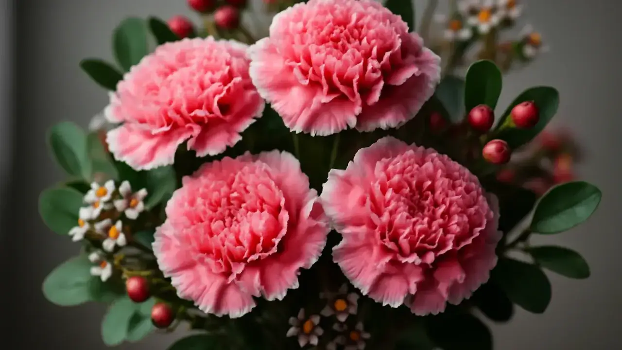 En bukett med rosa nejlika perenn blommor, omgiven av gröna blad och röda bär.