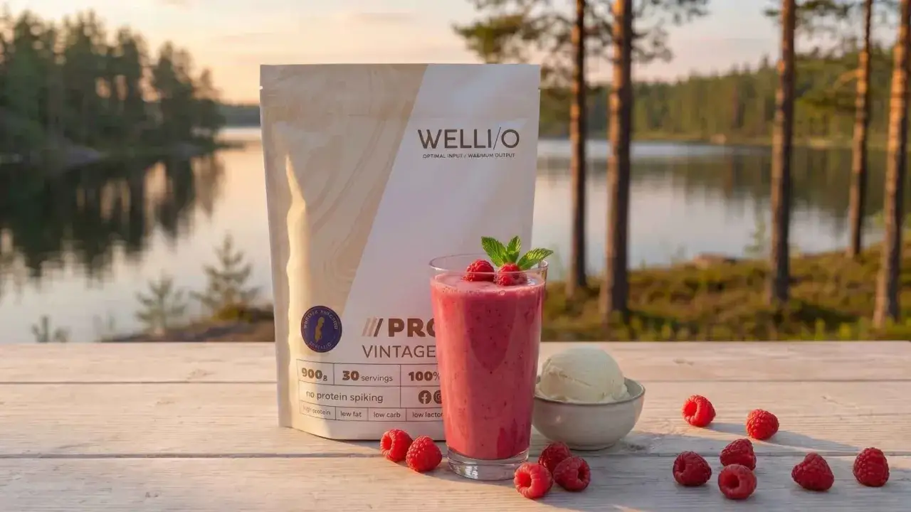 En proteinrik smoothie med hallon och mynta, bredvid en skål med vaniljglass och en förpackning Wellio proteinpulver. Vacker sjöutsikt i bakgrunden.