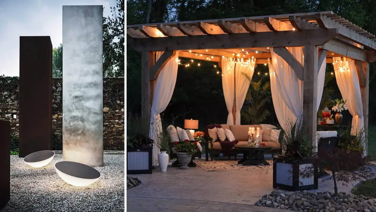 Modern utebelysning inspiration: minimalistiska pelare och ovala lampor på grus, samt en mysig pergola med ljusslingor och sittgrupp.