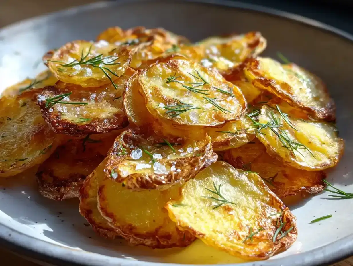 Krispiga, gyllene skivor av stekt potatis toppas med flingsalt och färsk dill. En perfekt sidorätt!