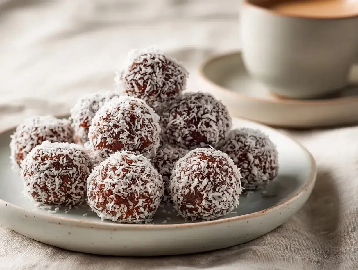 En hög med chokladbollar täckta av kokosflingor, redo att avnjutas. Ett enkelt chokladbollar recept för fikat.