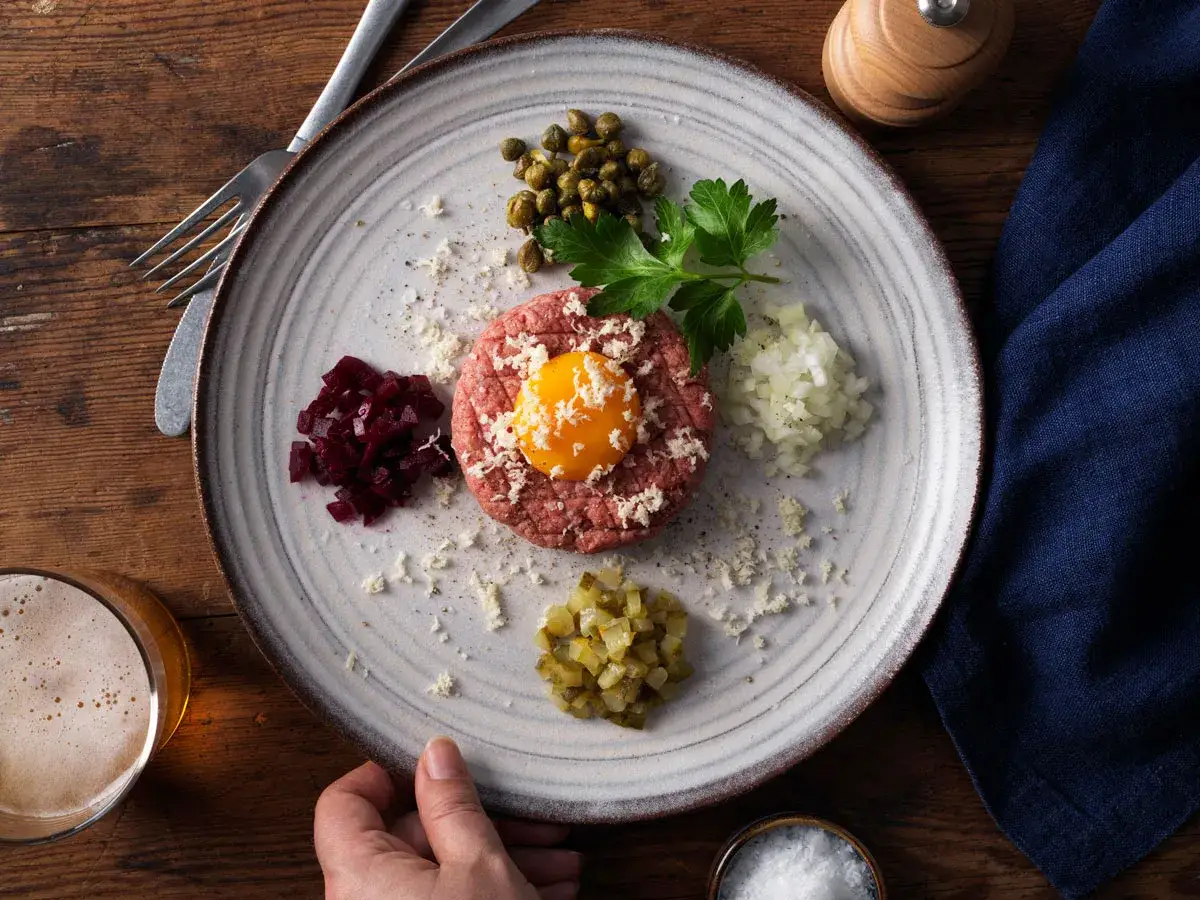 En tallrik med råbiff recept, toppad med äggula och serverad med kapris, hackad lök, rödbetor och gurka.