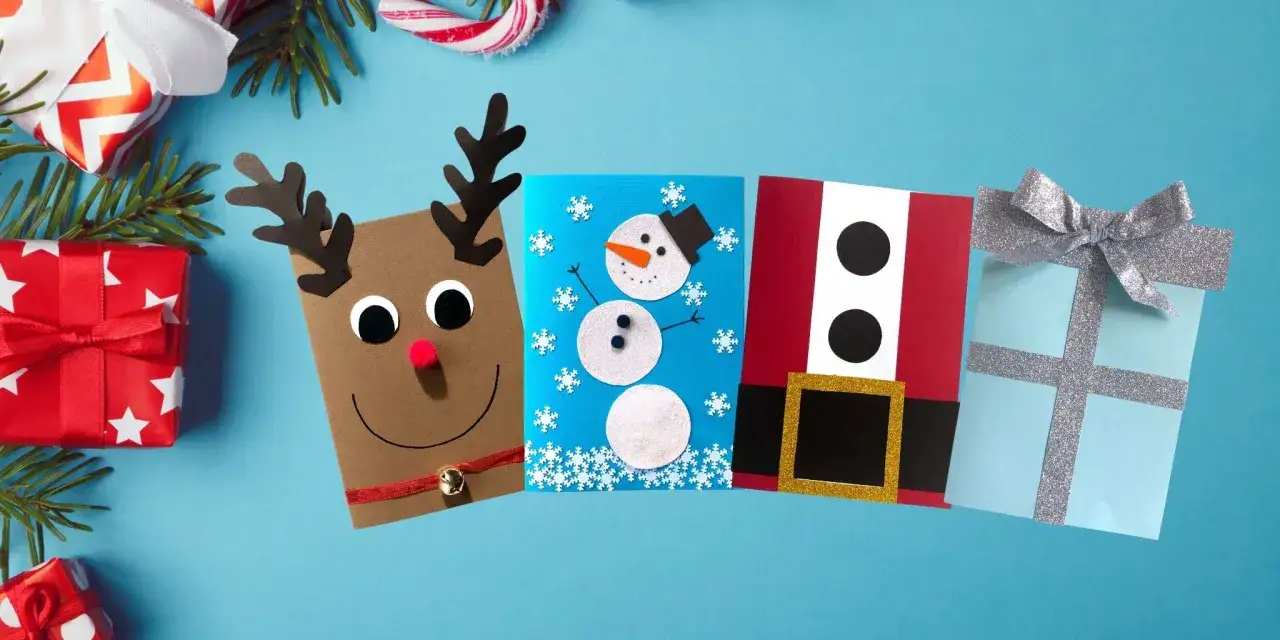 Fina tips på julpyssel: en ren, en snögubbe, tomten och en present. Perfekt för julkort!